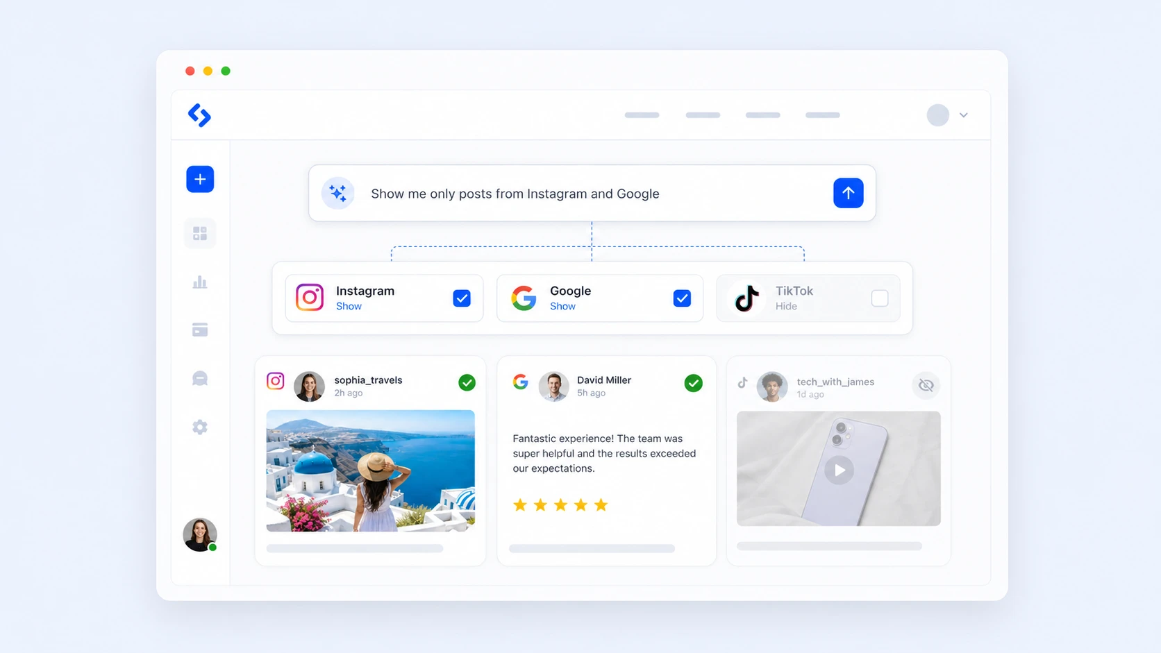 A prompt filtering a content feed by source